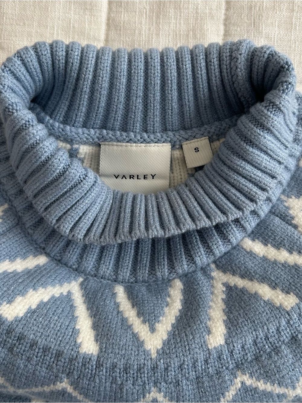 NWOT Varley Marcie Fair Isle Yoke Knit Mock Neck Sweater - Light Blue - Picture 5 of 7